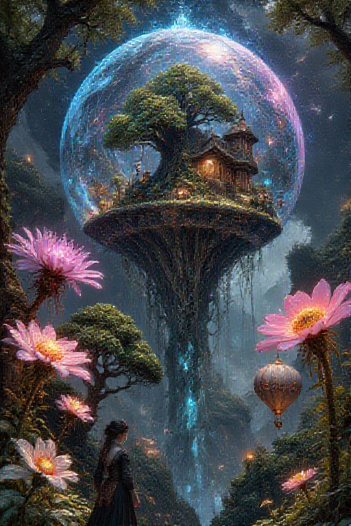 Colossal iridescent soap bubbles,  fifty feet in diameter,  float serenely through a lush garden of enormous bioluminescen...