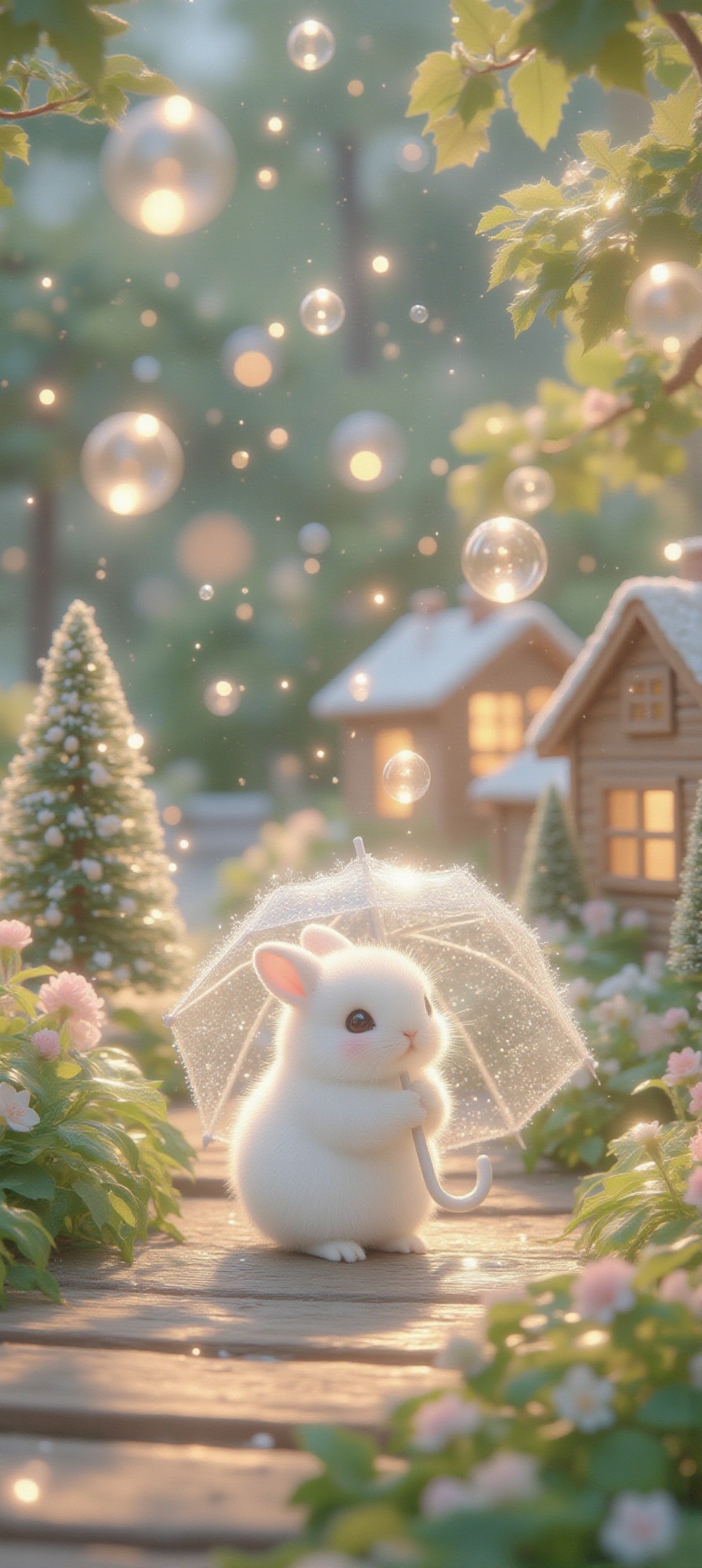 The image depicts an adorable,  fluffy white bunny with large,  shiny black eyes and pink cheeks on Tensor.Art