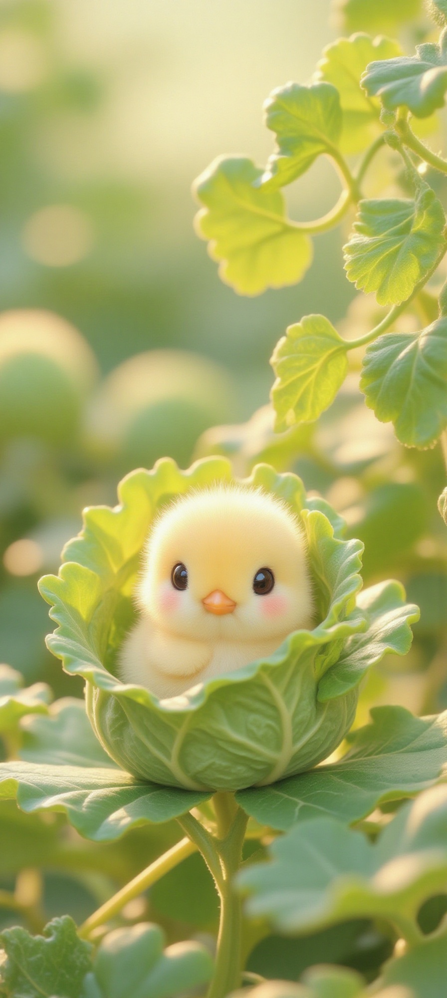 The image shows a cute,  cartoon-like yellow chick with large,  round black eyes and a small orange beak. The chick is nes...
