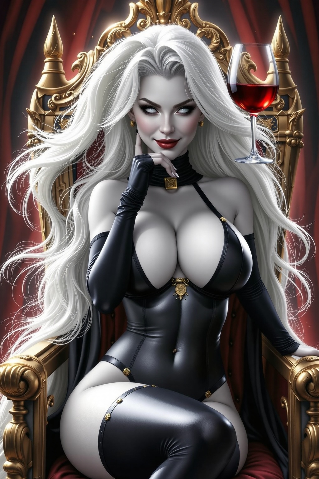 Expressed in amazing 32K ultra-high resolution and highest quality,  exteme of Lady death is sitting on a gothic throne,...