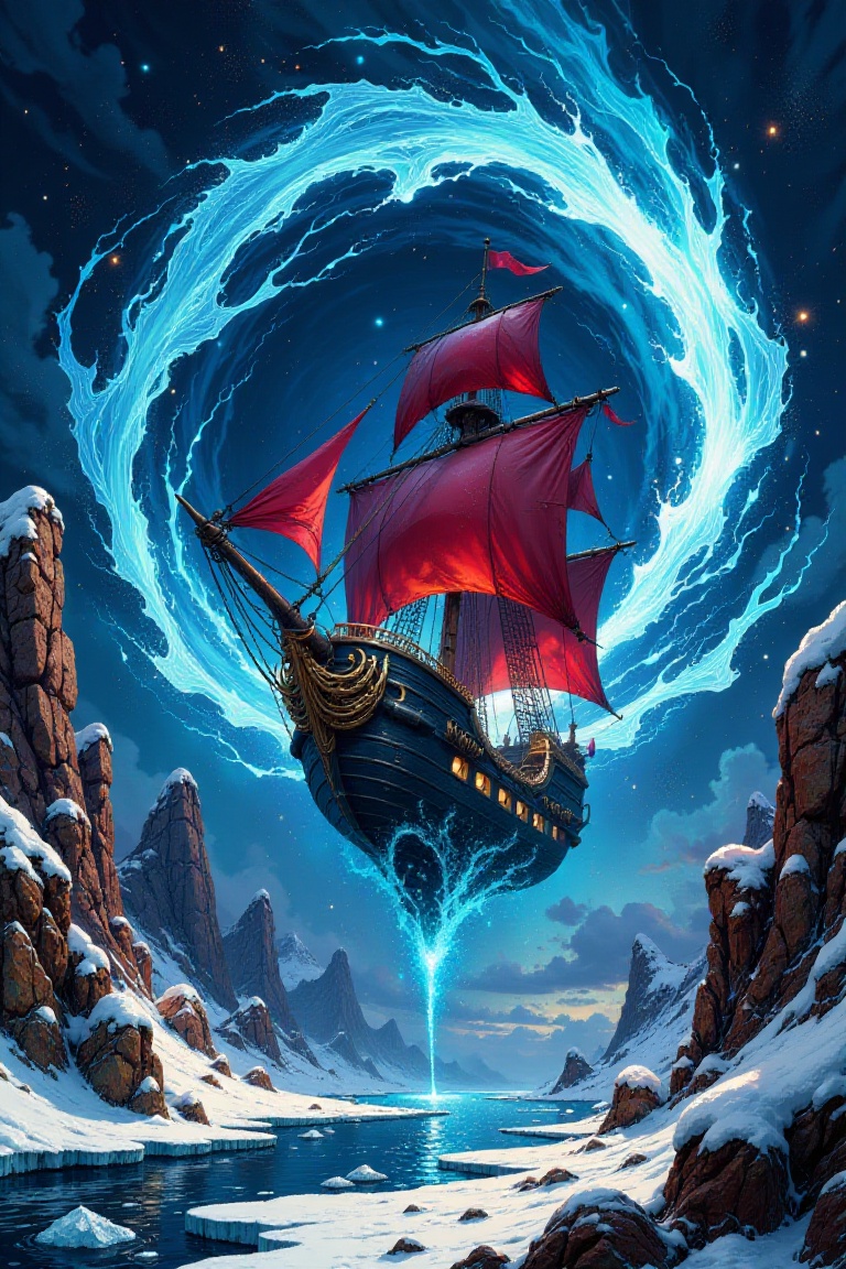 Illustration style,  a large,  dark-colored ship on Tensor.Art