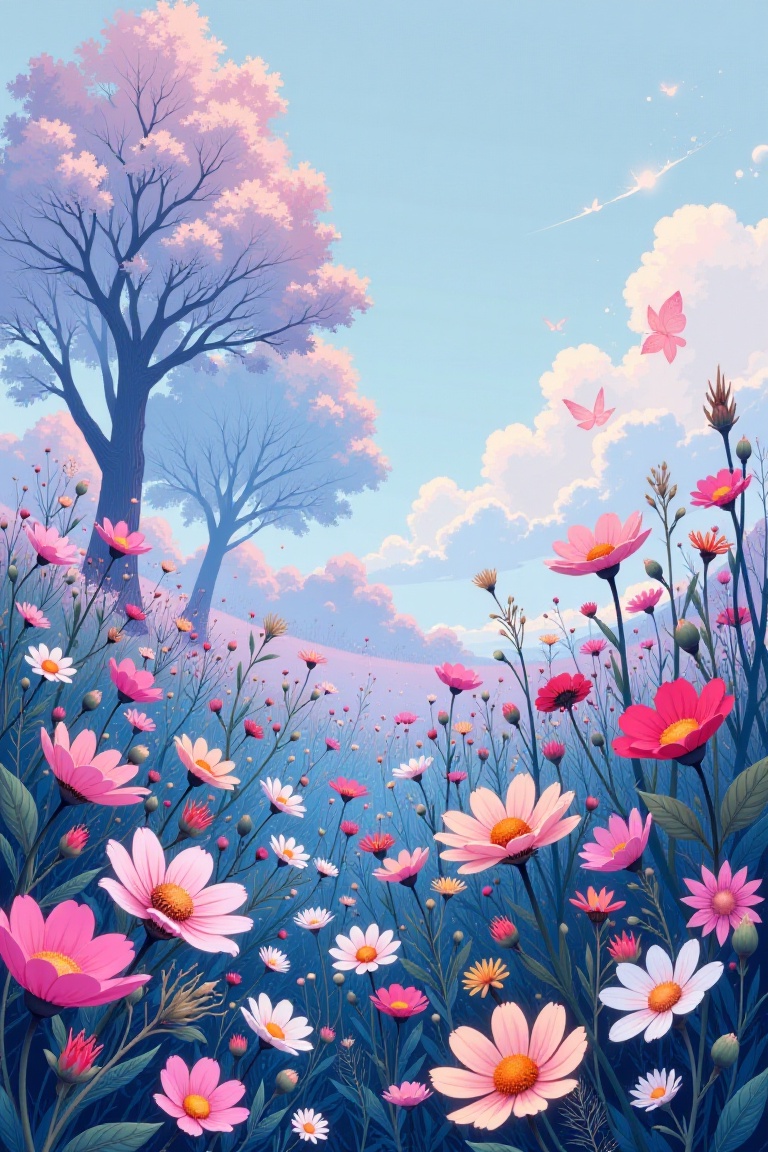 field of wildflowers,  creating a dreamy,  surreal atmosphere. The overall color is a mixture of soft light blue and purpl...
