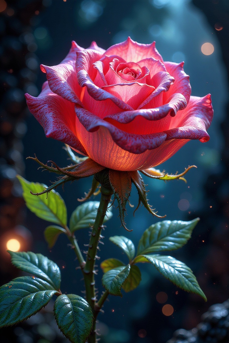 A breathtaking,  award-winning close-up shot of a majestic rose made entirely of Tourmaline. Backlit by an ethereal glow,...