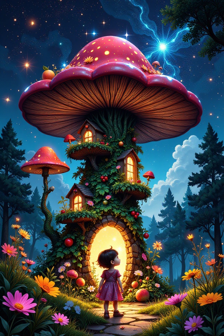 A fantasy illustration featuring a small child standing in a magical forest with a giant mushroom house surrounded by vibr...