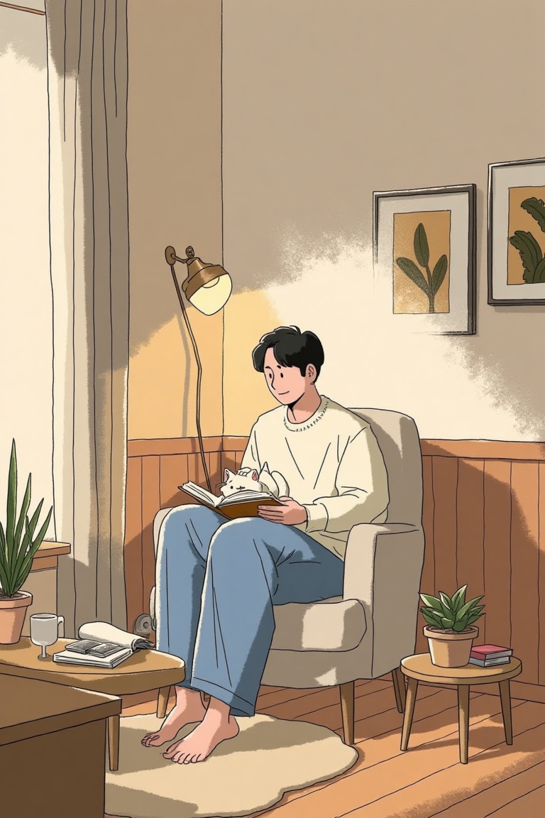 Stylized illustration,  cartoon style,  a man with his cat. Framed in a cozy living room on Tensor.Art