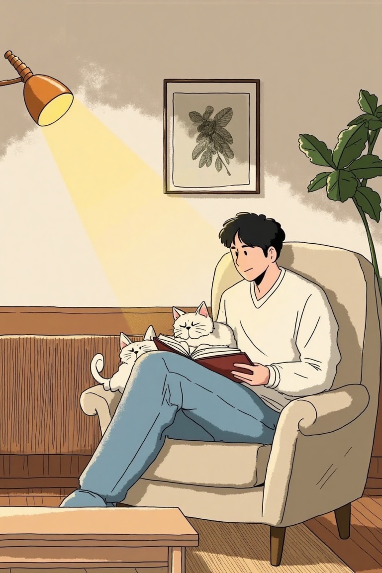 Stylized illustration,  cartoon style,  a man with his cat. Framed in a cozy living room on Tensor.Art