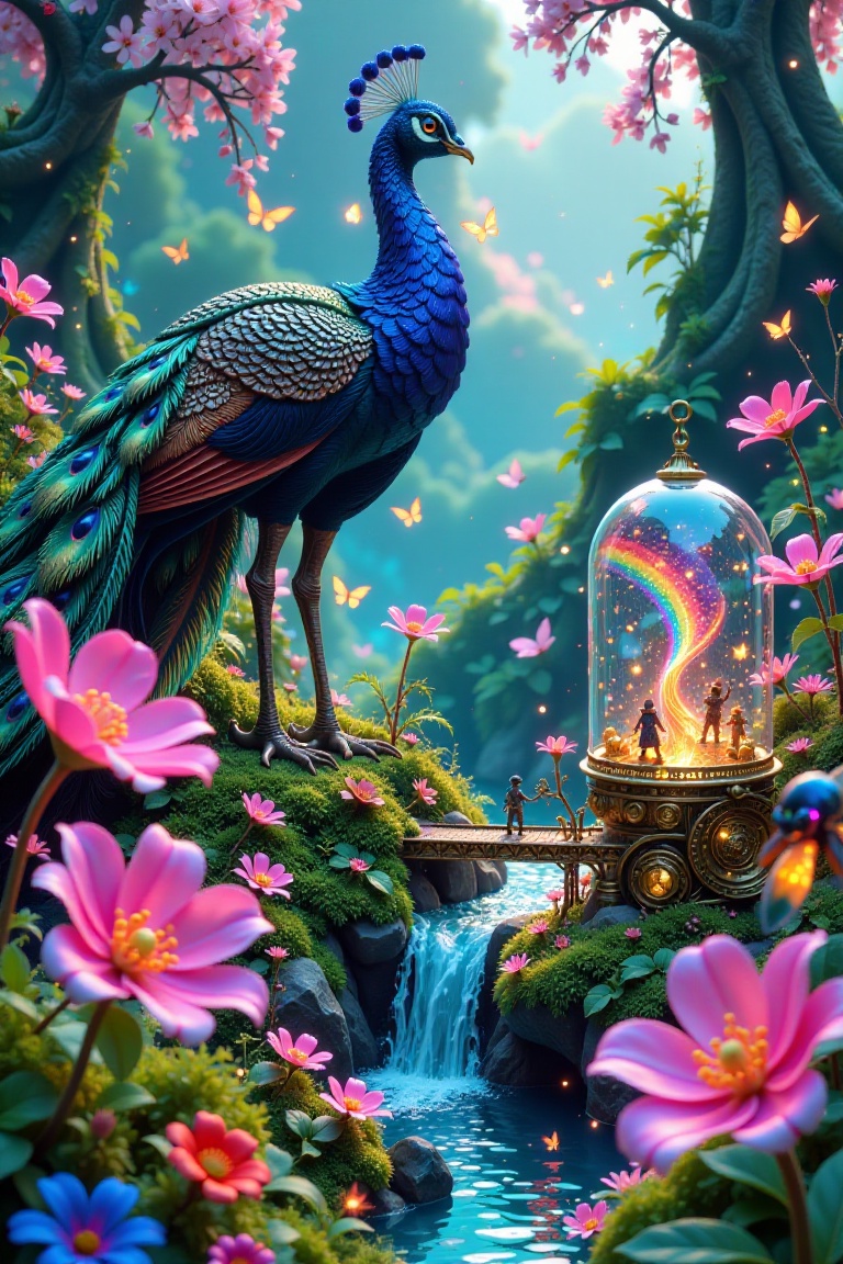 Prompt External Generator txt2img Colossal iridescent peacock feathers tower above a miniature Victorian garden,  their ey...