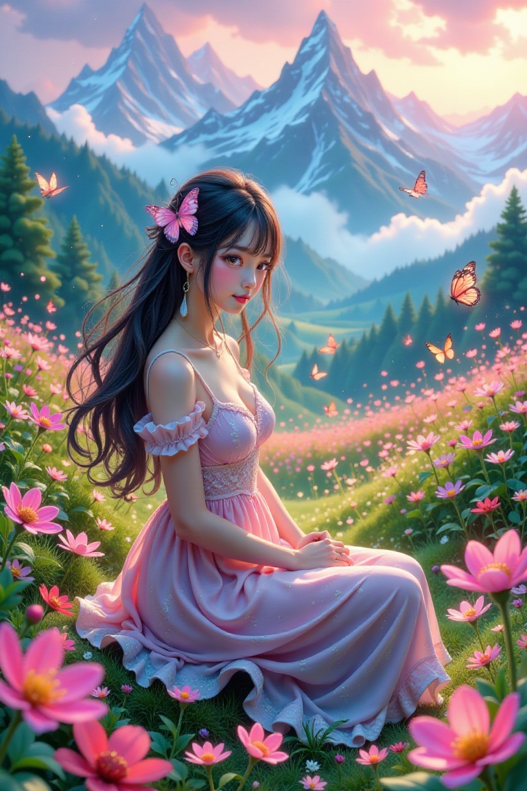 A serene anime girl sits amidst a whimsical garden,  surrounded by delicate butterflies in various stages of metamorphosis...