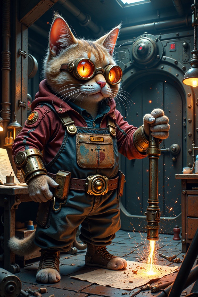 A rugged anthropomorphic cat,  dressed in oil-stained overalls and a heavy tool belt,  stands at the edge of a dimly lit u...