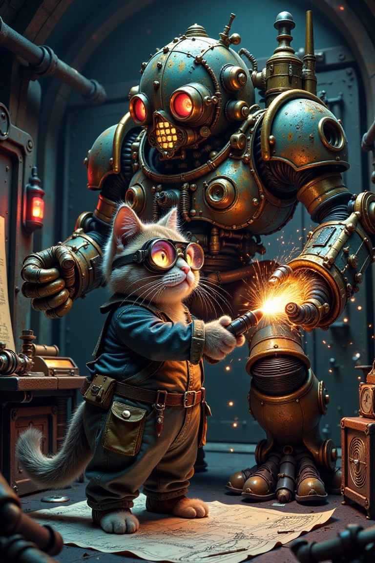A rugged anthropomorphic cat,  dressed in oil-stained overalls and a heavy tool belt,  stands at the edge of a dimly lit u...