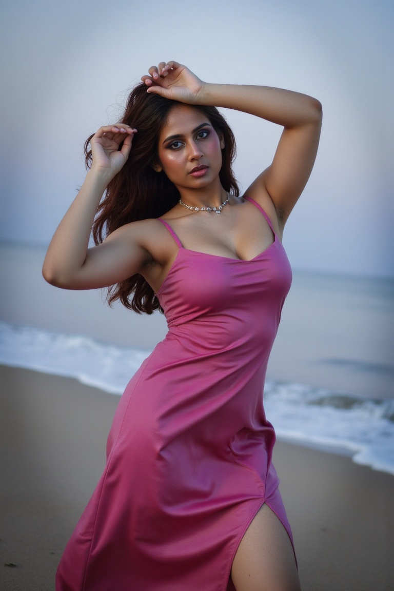 A breathtaking woman stands on a serene beach during dusk or dawn,  wearing a vibrant pink spaghetti strap dress that flow...