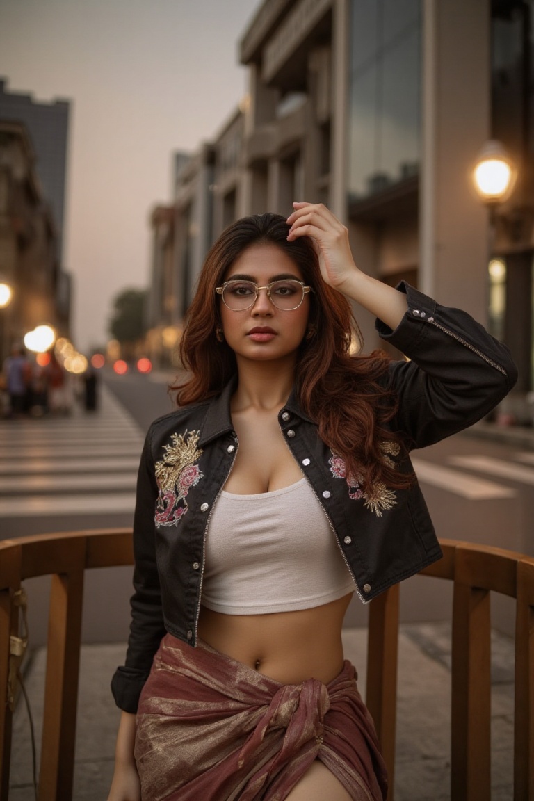 A glamorous street-style fashion shoot of Nandhini,  a 21-year-old Indian woman with caramel skin,  dark eyes on Tensor.Art