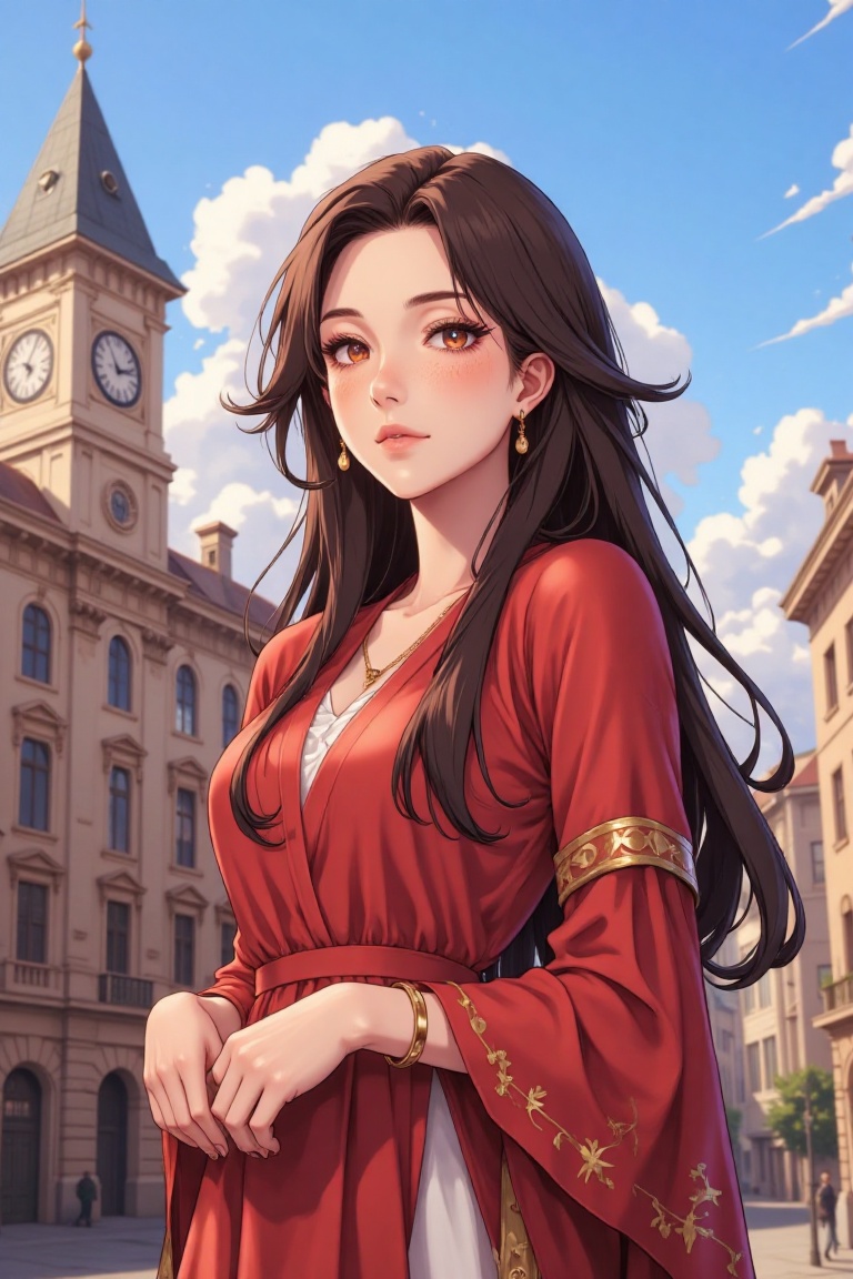 A beautiful woman wearing a red dress stands in a city with a classic style,  there is a building with a tall clock in the...