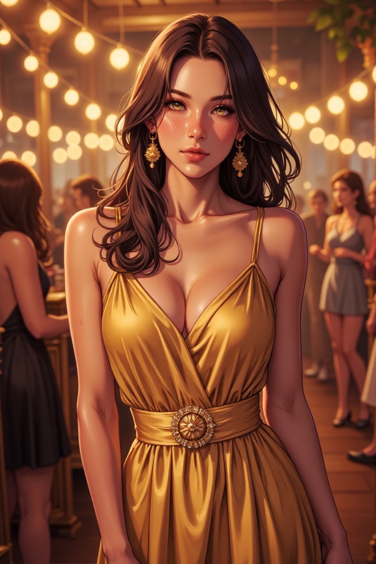 Beautiful woman wearing gold dress in party,  happy vibes,  anime detailers on Tensor.Art