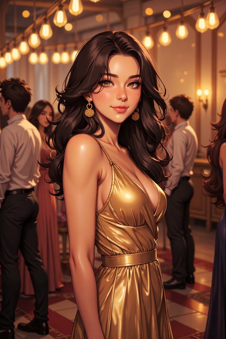 Beautiful woman wearing gold dress in party,  happy vibes,  anime detailers on Tensor.Art