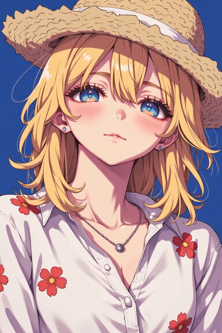 a close-up shot captures a woman's face,  adorned with blue eyes and a straw hat. Her blonde hair is cascading over her sh...