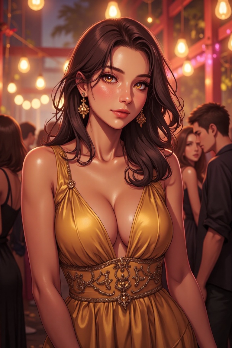 Beautiful woman wearing gold dress in party,  happy vibes,  anime detailers on Tensor.Art