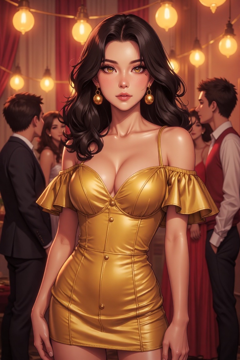 Beautiful woman wearing gold dress in party,  happy vibes,  anime detailers on Tensor.Art