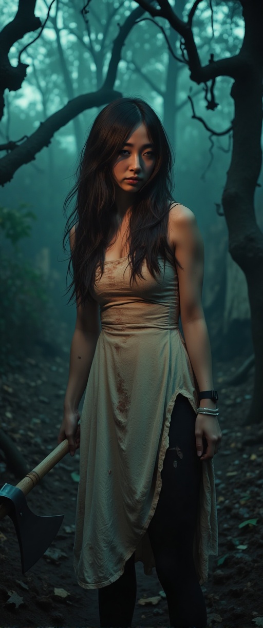 Create a chilling scene from a horror movie featuring a woman with a disheveled appearance. She is wearing a soiled brides...