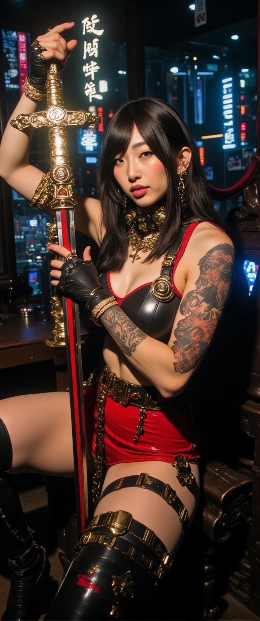 A cinematic photograph of a sultry cyberpunk mistress seated on a dark cult altar,  surrounded by neon lights and reflecti...