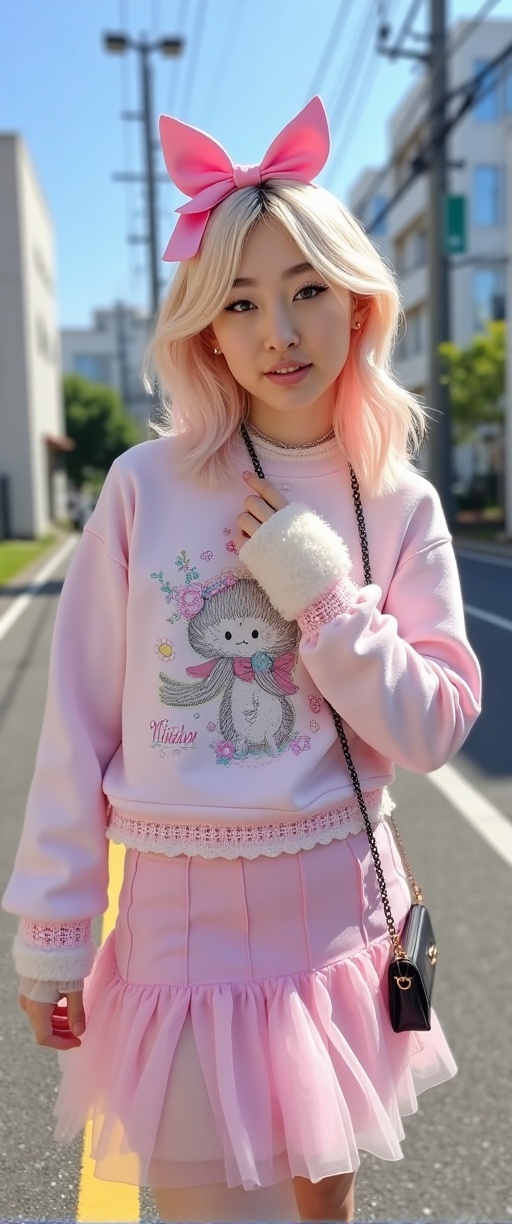 photography showcasing one women in light Fairy Kei fashion. platinum blond hair with pink tips. They are dressed in a pas...