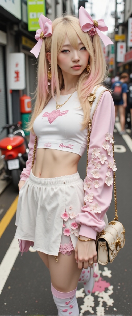 photography showcasing one women in light Fairy Kei fashion. platinum blond hair with pink tips. They are dressed in a pas...