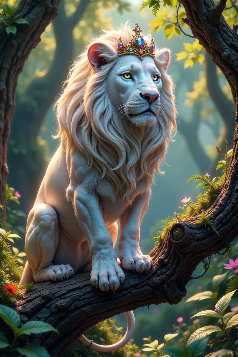 A majestic white Lion perches on a gnarled tree branch,  its thick and sturdy feathers glowing softly in warm dappled fore...