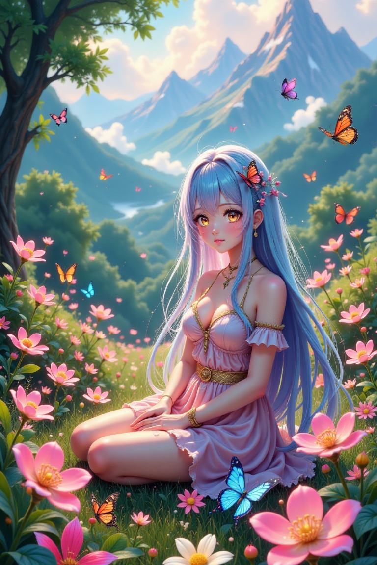 A serene anime girl sits amidst a whimsical garden,  surrounded by delicate butterflies in various stages of metamorphosis...