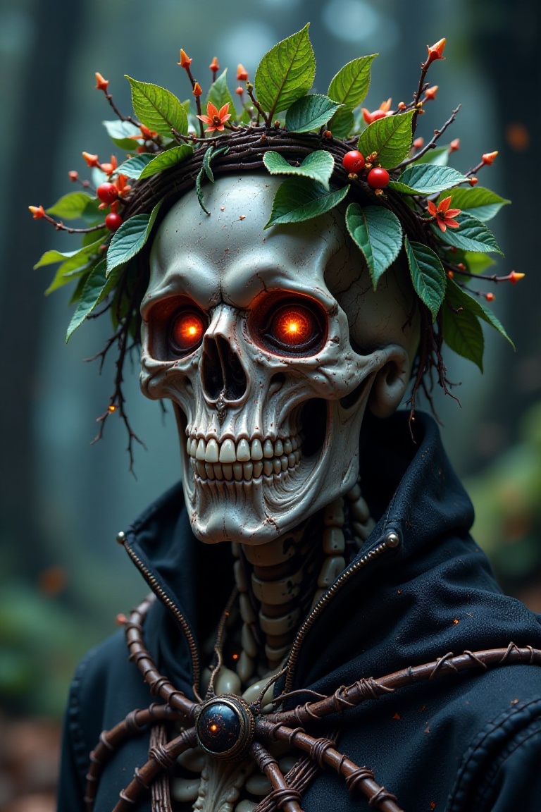a skull is adorned with a wreath of leaves and twigs. The skull's head is encircled by a cluster of leaves,  adding a touc...
