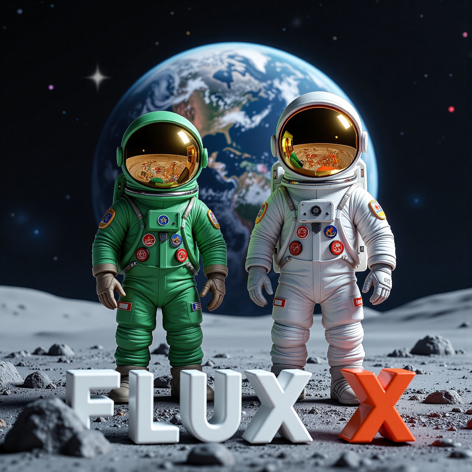 Highly detailed colorful 3D-rendered scene of two astronauts standing on the surface of the Moon,  one astronauts wearing...