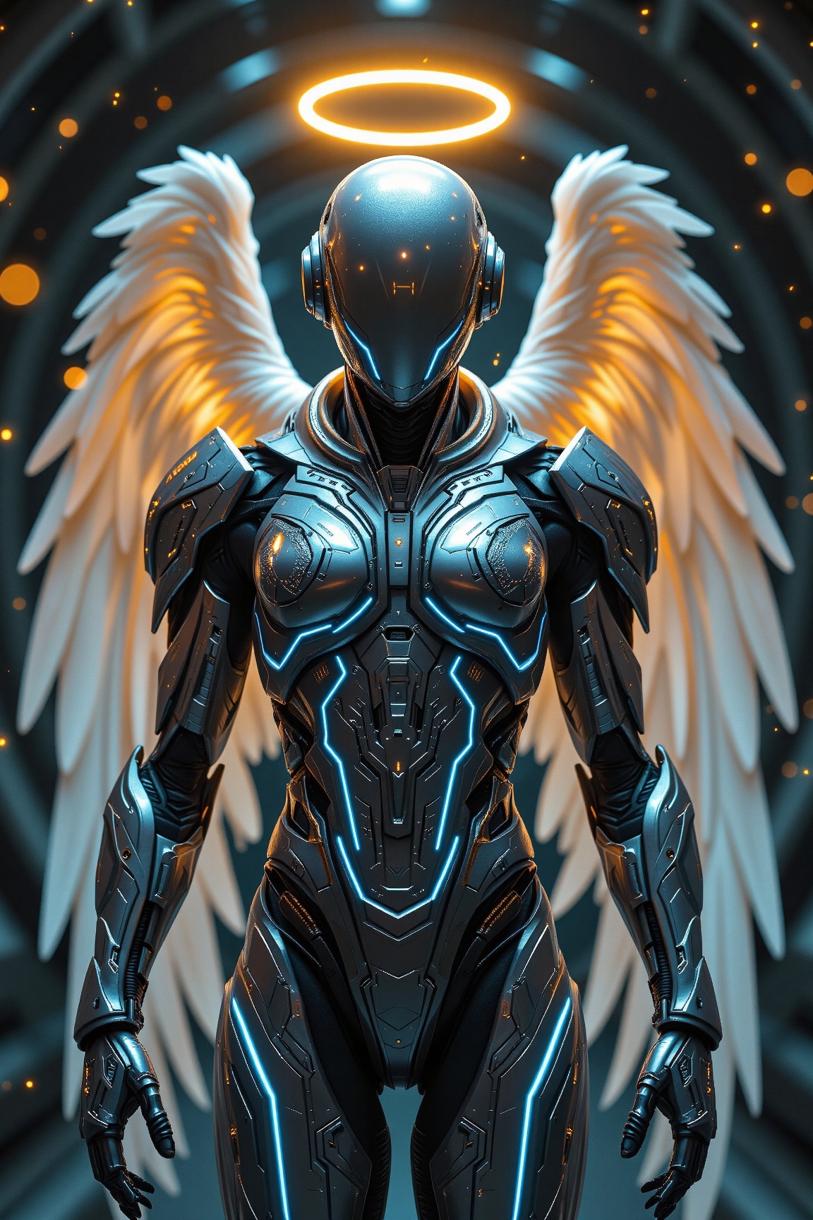 Highly detailed sci-fi cybernetic angel in futuristic armor,  standing in a neon-lit industrial environment. The figure we...