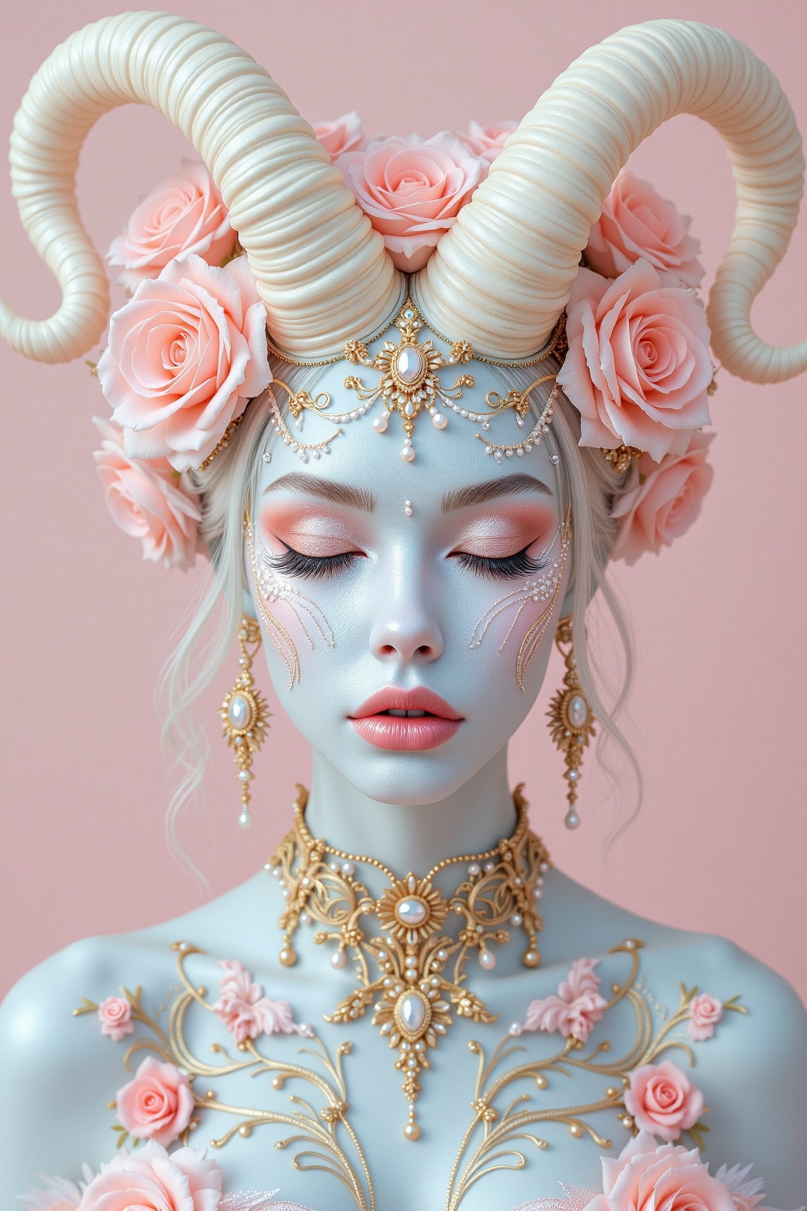 A fantastical being with light blue skin,  intricate gold facial adornments,  and large on Tensor.Art