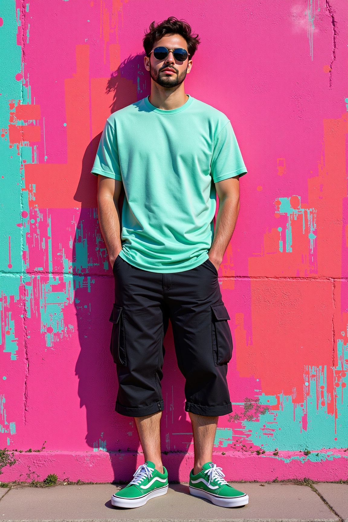 creative illustration art,  full-body of an man,  wearing a mint green color over-fit T-shirt and black capri cargo pants...