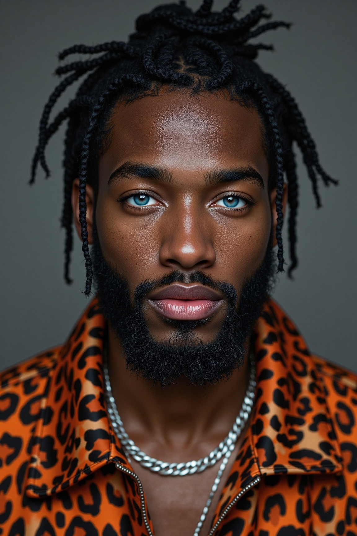 A close-up portrait of a black man with a black beard and braids on his head. He is looking directly at the camera. His ey...