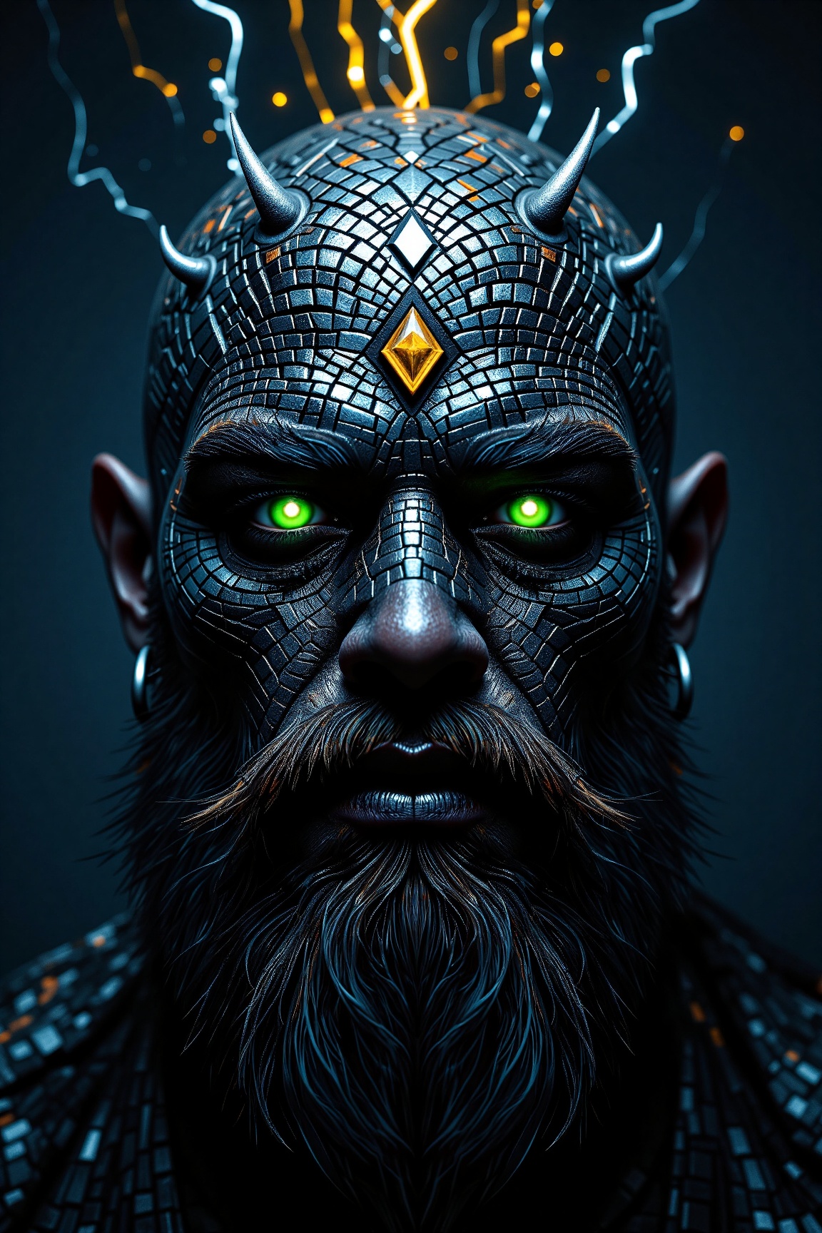 An eye-level image of a black demon-like creature with a long dark beard and mustache. The creature's face is covered in a...