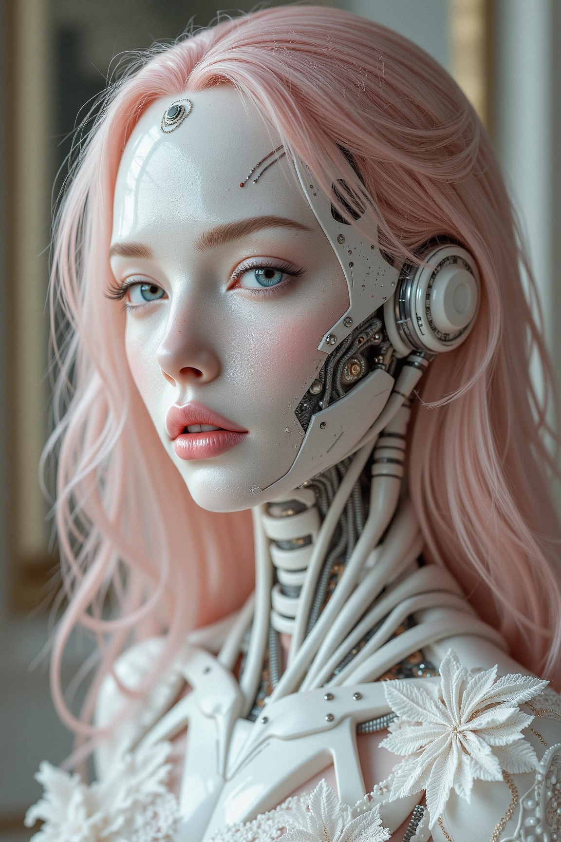 Soft studio lighting illuminates a stunning porcelain-skinned android's face,  featuring long,  wavy light pink hair and i...