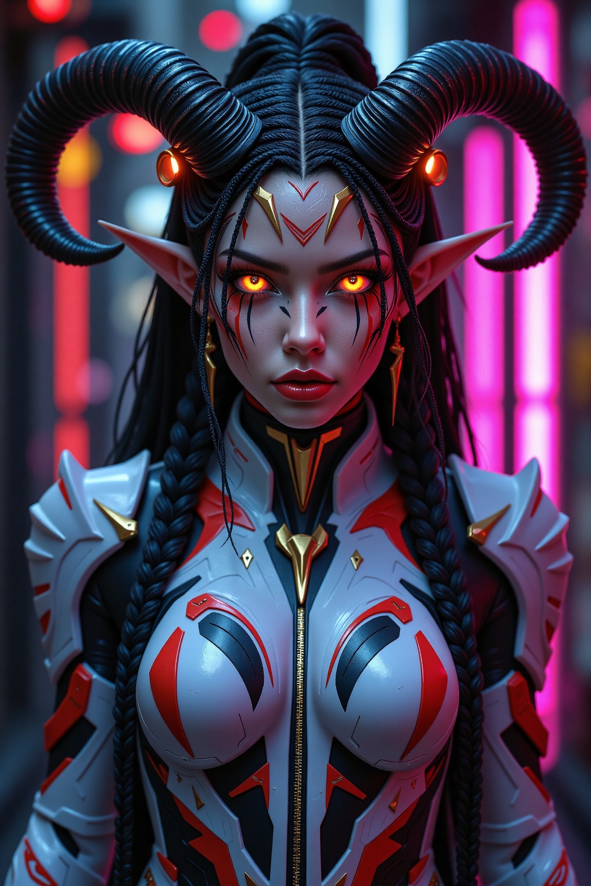A female figure with striking orange eyes and intricate facial markings stands with confidence. She has long,  dark braide...