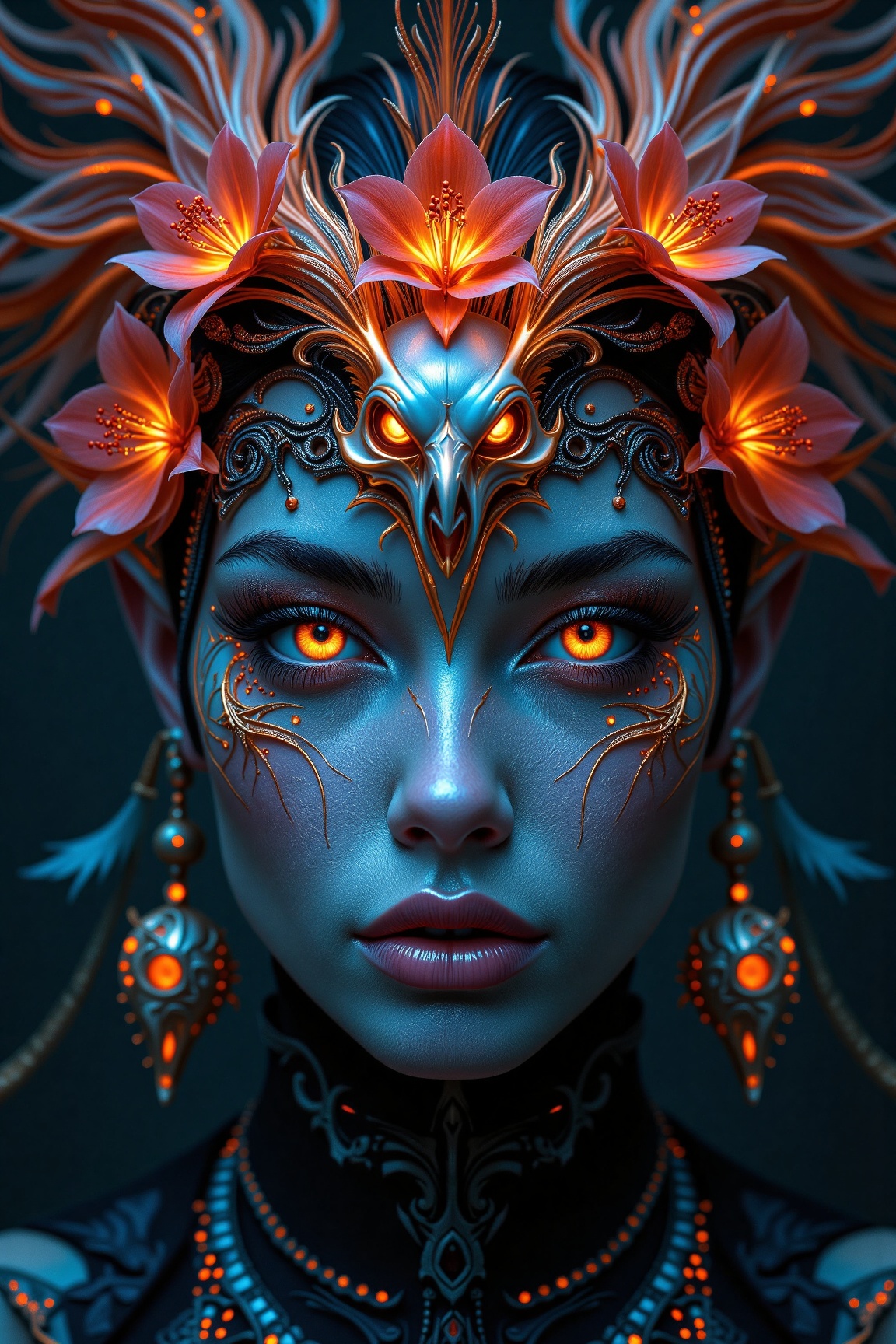 Female elf close-up portrait ribcagel. phoenix head,  orchid,  skull on Tensor.Art