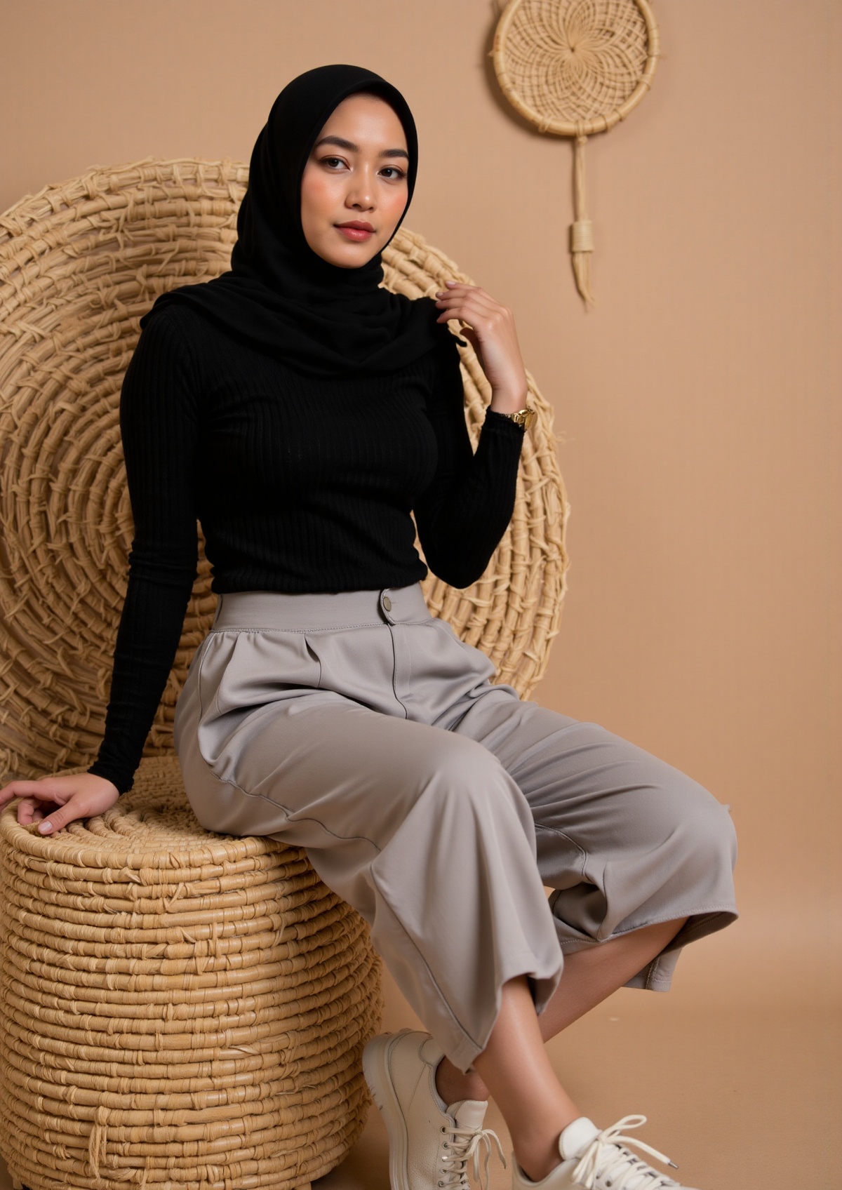A young woman,  dressed in a black ribbed turtleneck top and light gray wide-leg pants,  sits on a round woven stool. She...