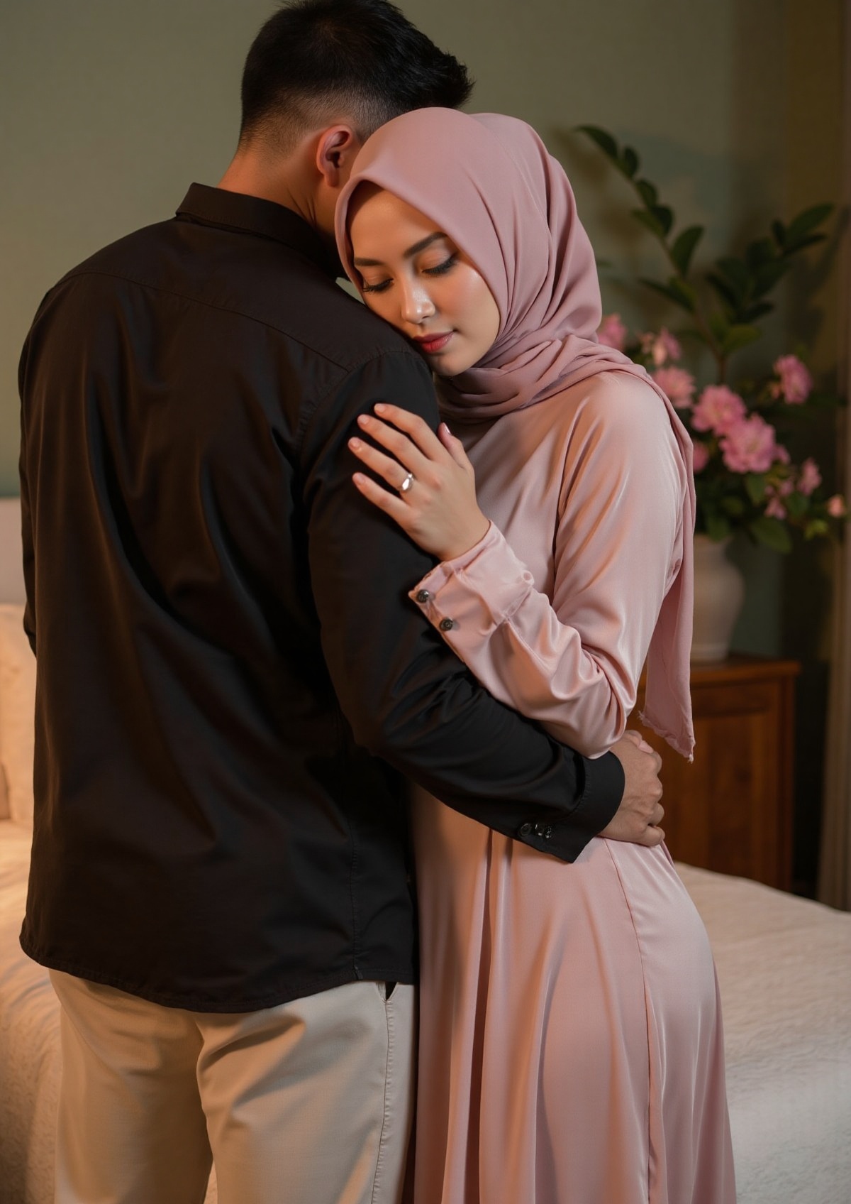 A woman in a long-sleeved pink dress,  wearing a maroon hijab,  stands close to her husband on Tensor.Art