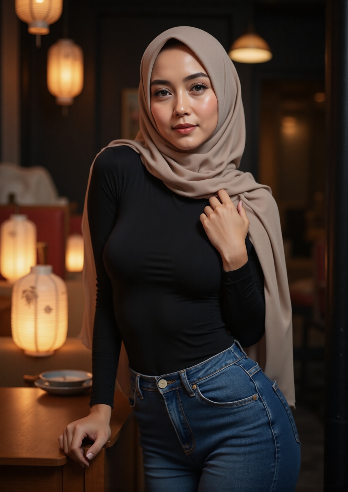A young woman wearing a light beige hijab,  black long-sleeved top,  and blue jeans. Hyperrealistic style. She has light b...