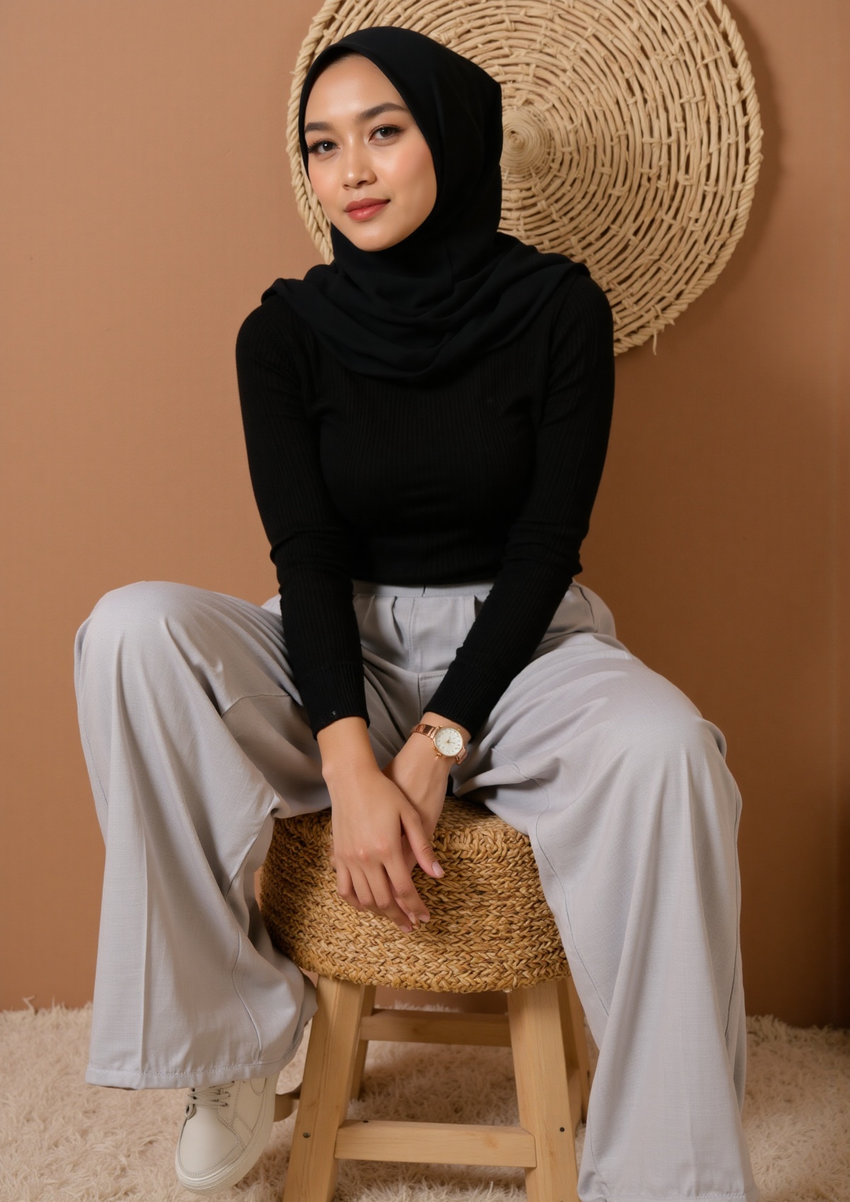A young woman,  dressed in a black ribbed turtleneck top and light gray wide-leg pants,  sits on a round woven stool. She...