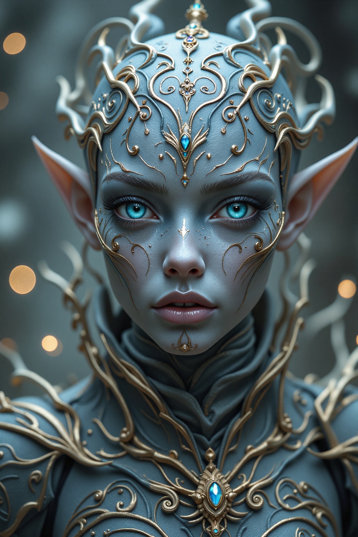 A humanoid figure with an elongated face and blue-gray skin is adorned in intricate,  elaborate armor featuring organic,...