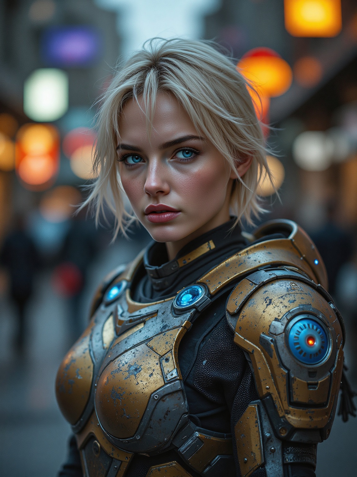 A young woman with short,  blonde hair and striking blue eyes stands in the foreground,  wearing futuristic armor with met...