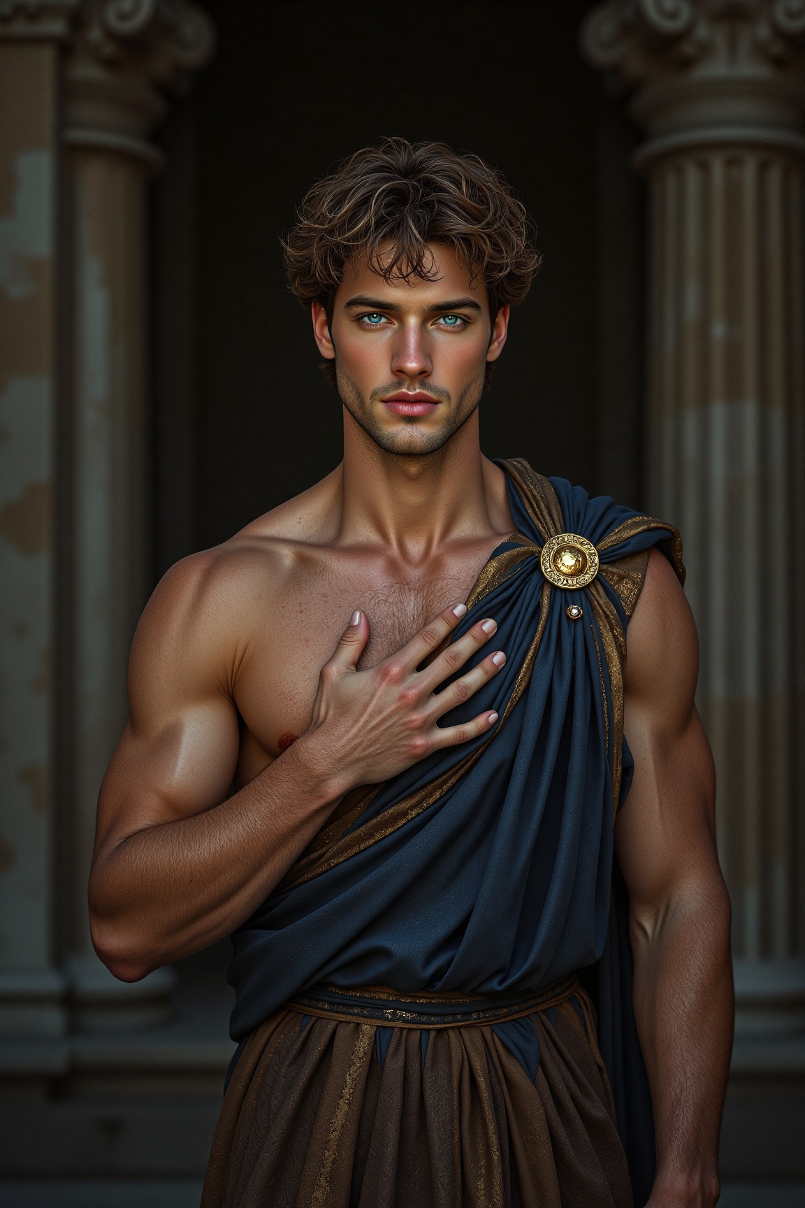 Ultra-realistic portrait of a young man with curly brown hair,  sharp facial features,  and piercing blue eyes. He wears a...