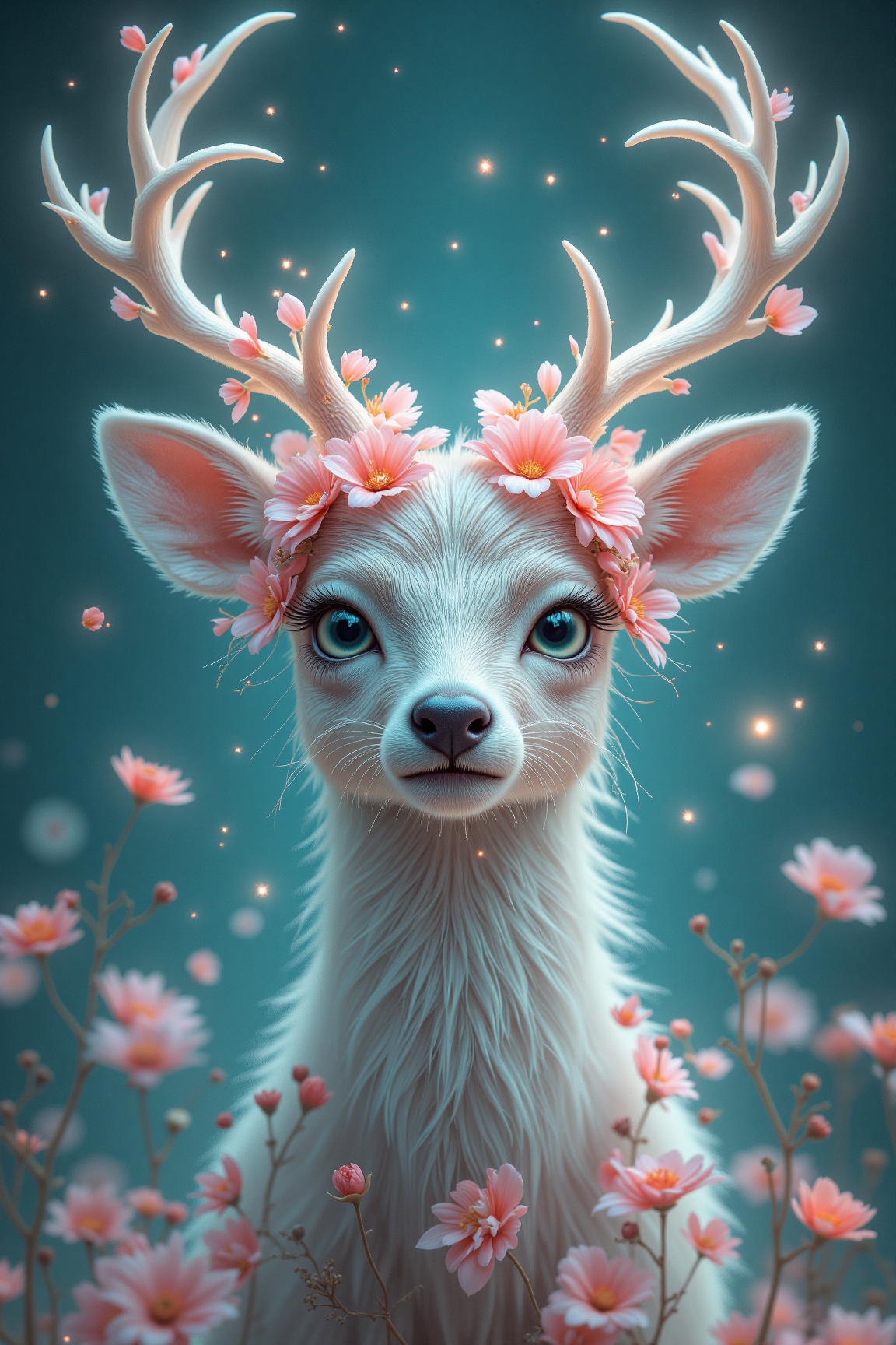 A surreal scene features a humanoid deer with glowing antlers,  surrounded by delicate flowers and radiant light. The main...