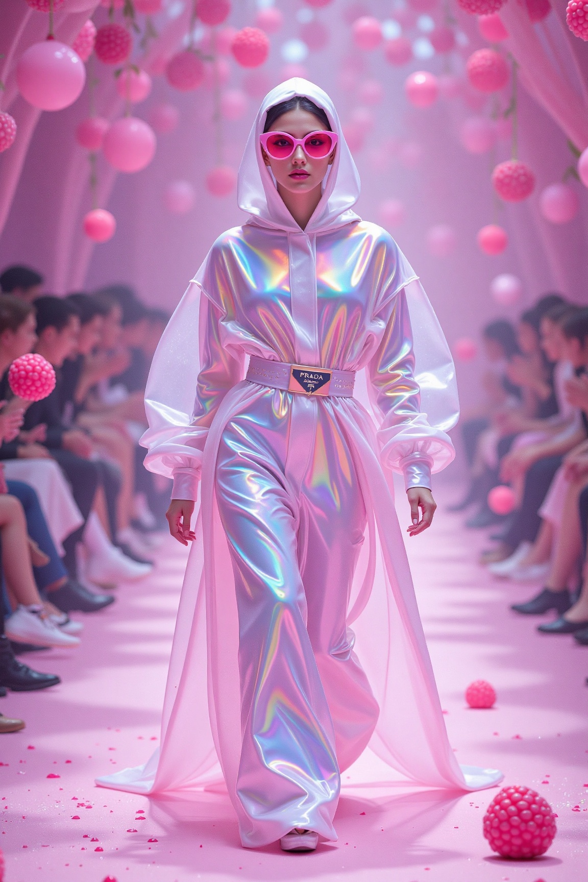 High-fashion runway scene featuring a futuristic avant-garde model in a translucent iridescent oversized gown with pastel...