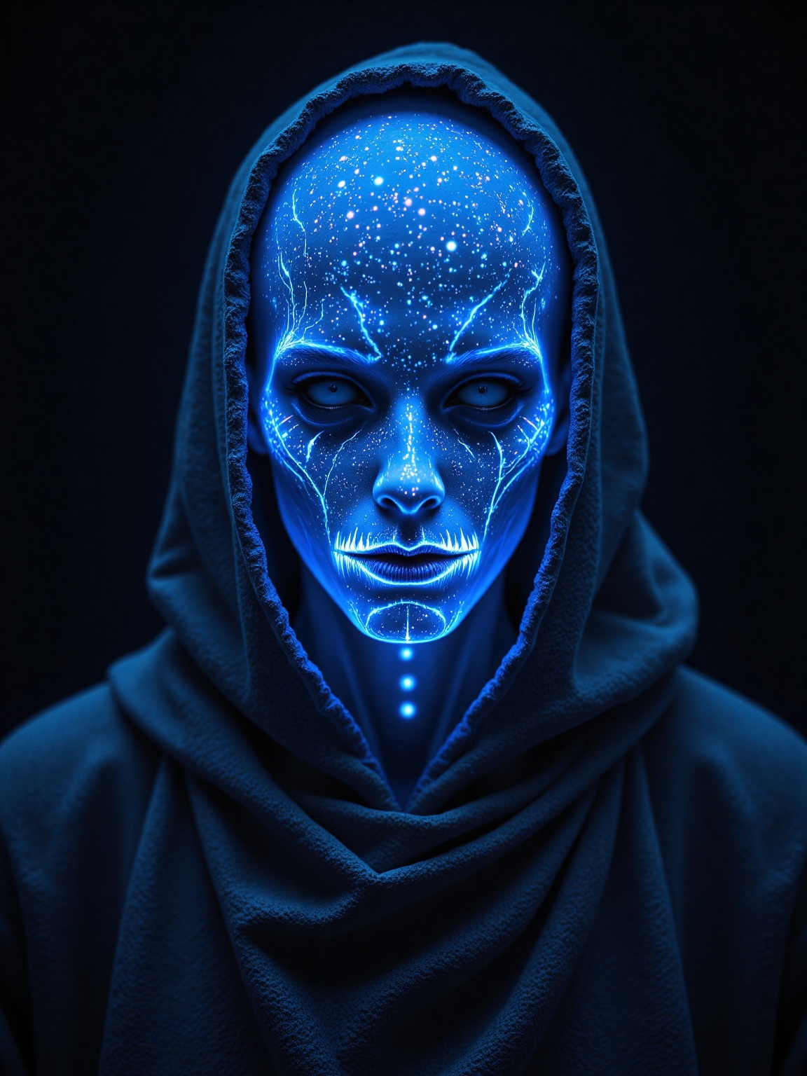 A glowing,  otherworldly figure with a bald head is depicted,  covered in blue luminescence with small light particles rad...