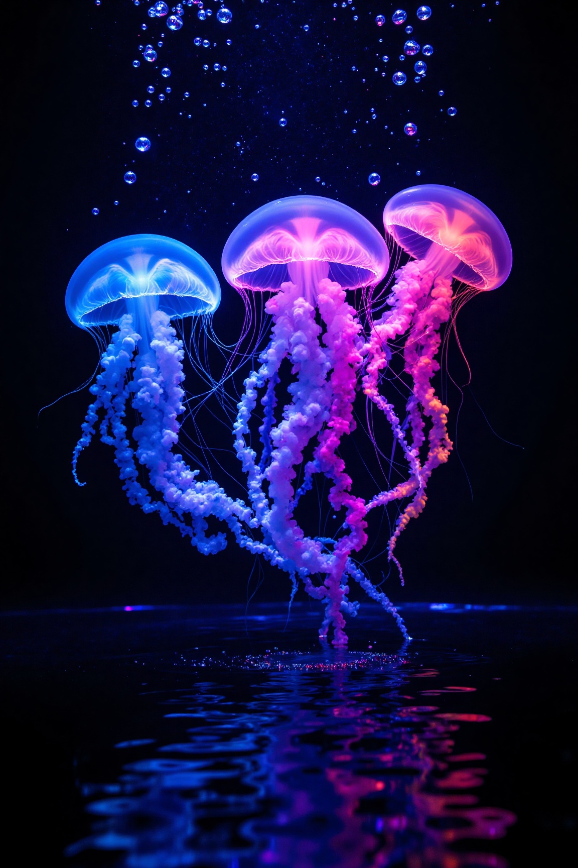 Three vibrant jellyfish float gracefully against a dark backdrop,  their translucent bodies glowing with electric blue,  p...