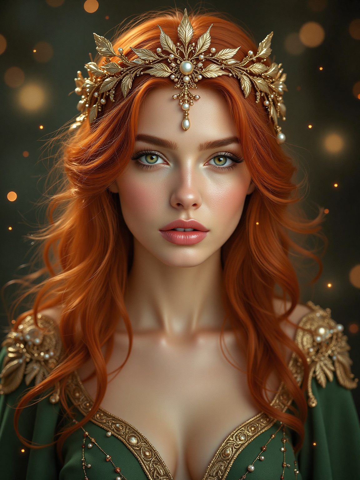 A woman with striking red hair cascading in soft waves wears an intricate,  golden crown adorned with leaves and pearls. H...